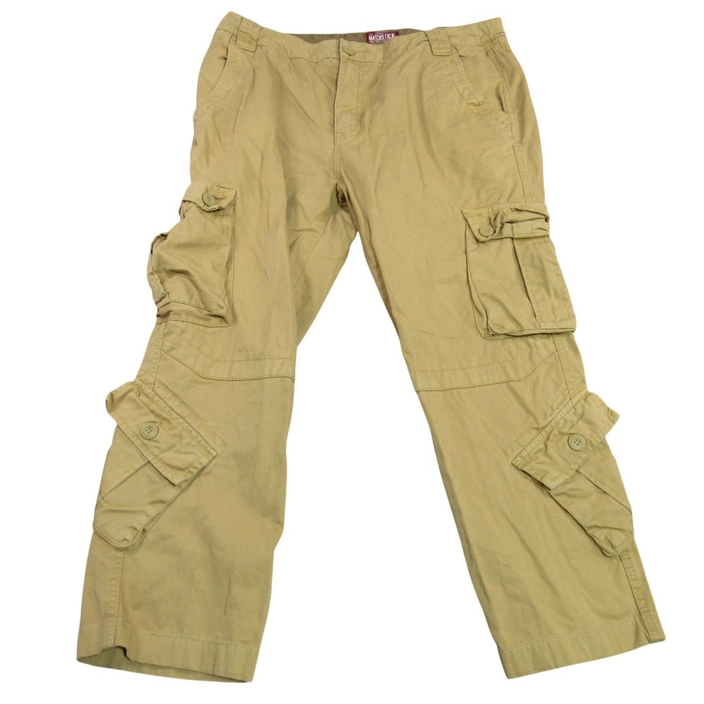 Matchstick Mens Khaki Tan Multi Pocket Cargo Pants Size 38 Straight Leg Cotton